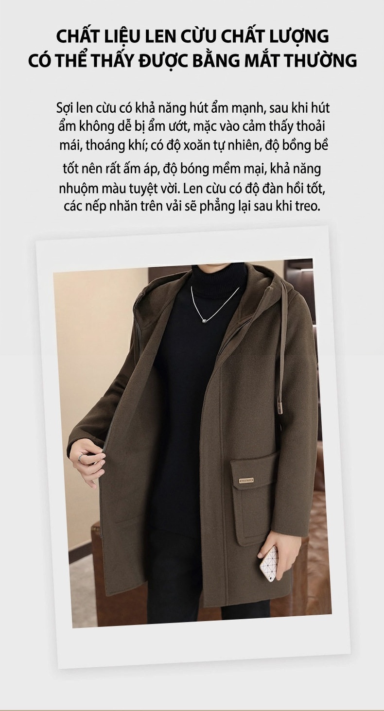 Áo Khoác Dạ Nam 100% Lông Cừu Dáng Dài Vừa Có Mũ Màu Đen, Nâu, Xám chi tiết 2