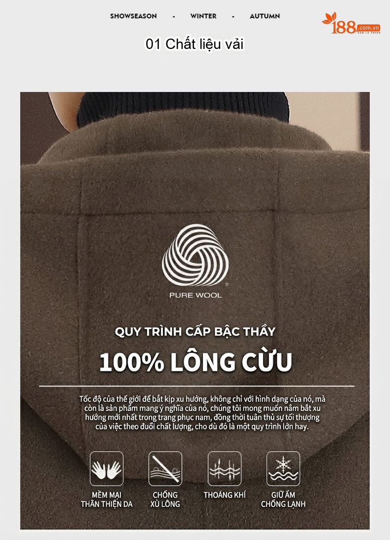 Áo Khoác Dạ Nam 100% Lông Cừu Dáng Dài Vừa Có Mũ Màu Đen, Nâu, Xám chi tiết 3