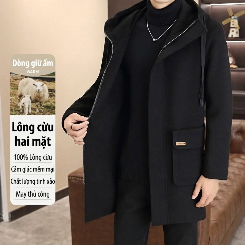 Áo Khoác Dạ Nam 100% Lông Cừu Dáng Dài Vừa Có Mũ Màu Đen, Nâu, Xám