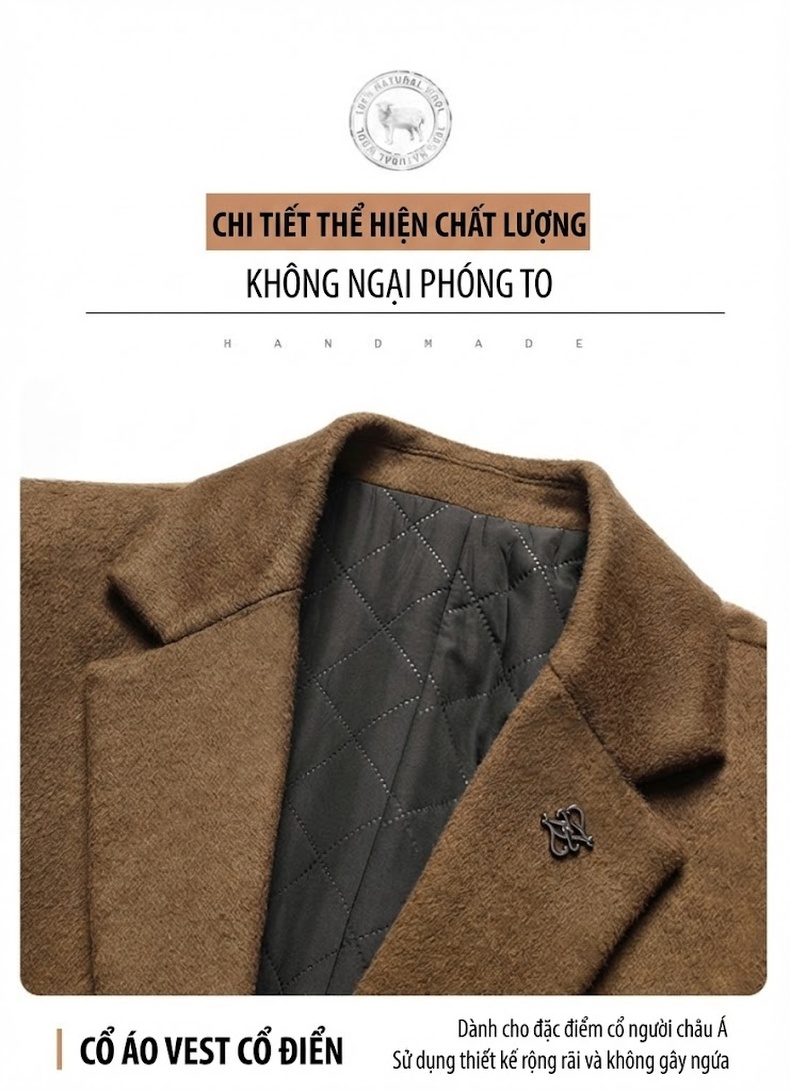 Áo Khoác Dạ Nam 100% Lông Cừu Dáng Ôm Vừa Vặn Dài Vừa Màu Nâu, Đen, Xanh Navy chi tiết 10