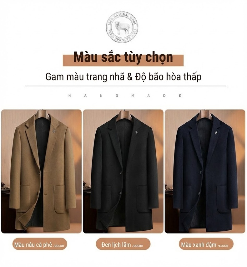 Áo Khoác Dạ Nam 100% Lông Cừu Dáng Ôm Vừa Vặn Dài Vừa Màu Nâu, Đen, Xanh Navy chi tiết 12