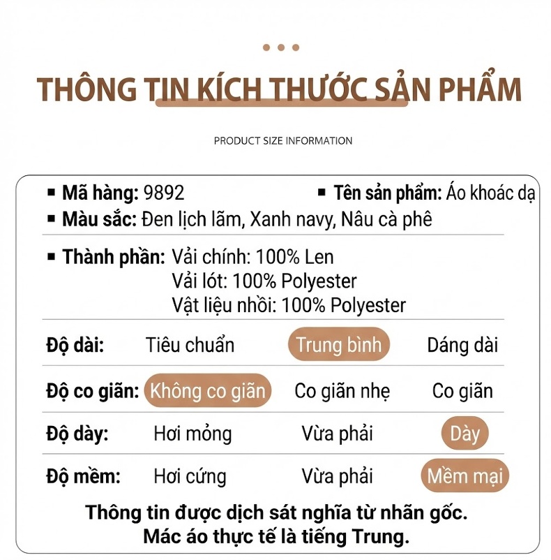 Áo Khoác Dạ Nam 100% Lông Cừu Dáng Ôm Vừa Vặn Dài Vừa Màu Nâu, Đen, Xanh Navy chi tiết 13