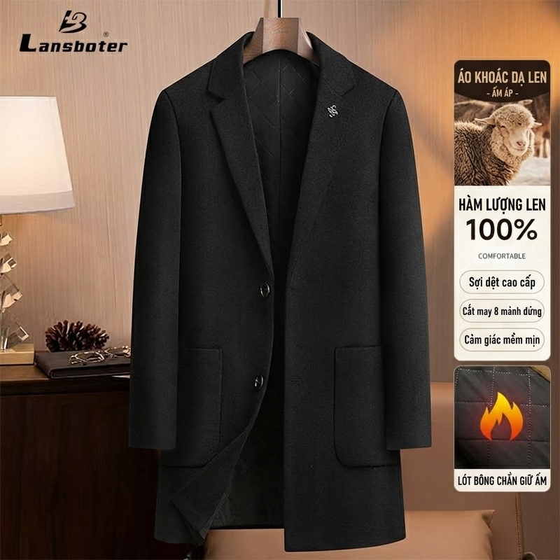Áo Khoác Dạ Nam 100% Lông Cừu Dáng Ôm Vừa Vặn Dài Vừa Màu Nâu, Đen, Xanh Navy