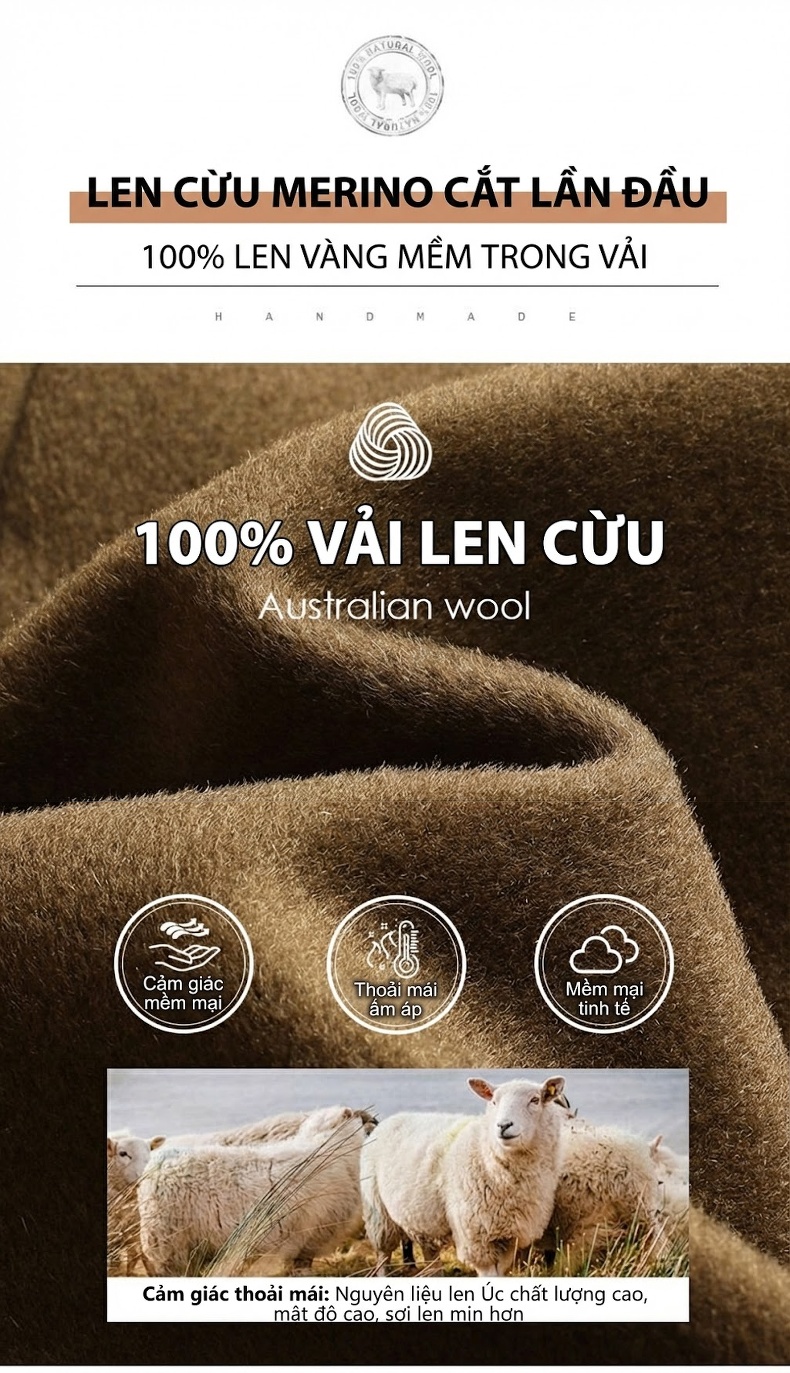 Áo Khoác Dạ Nam 100% Lông Cừu Dáng Ôm Vừa Vặn Dài Vừa Màu Nâu, Đen, Xanh Navy chi tiết 3