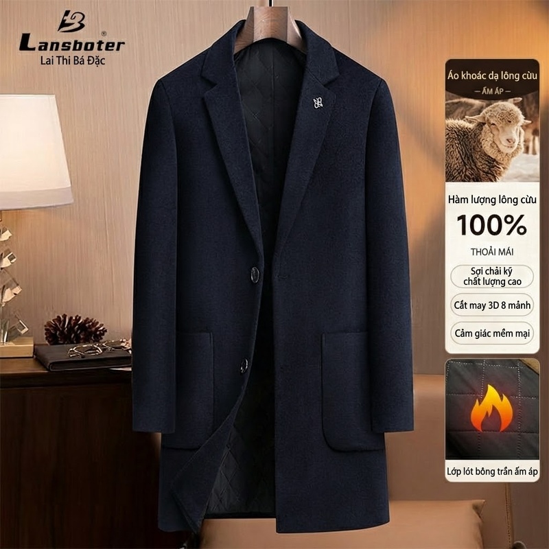 Áo Khoác Dạ Nam 100% Lông Cừu Dáng Ôm Vừa Vặn Dài Vừa Màu Nâu, Đen, Xanh Navy