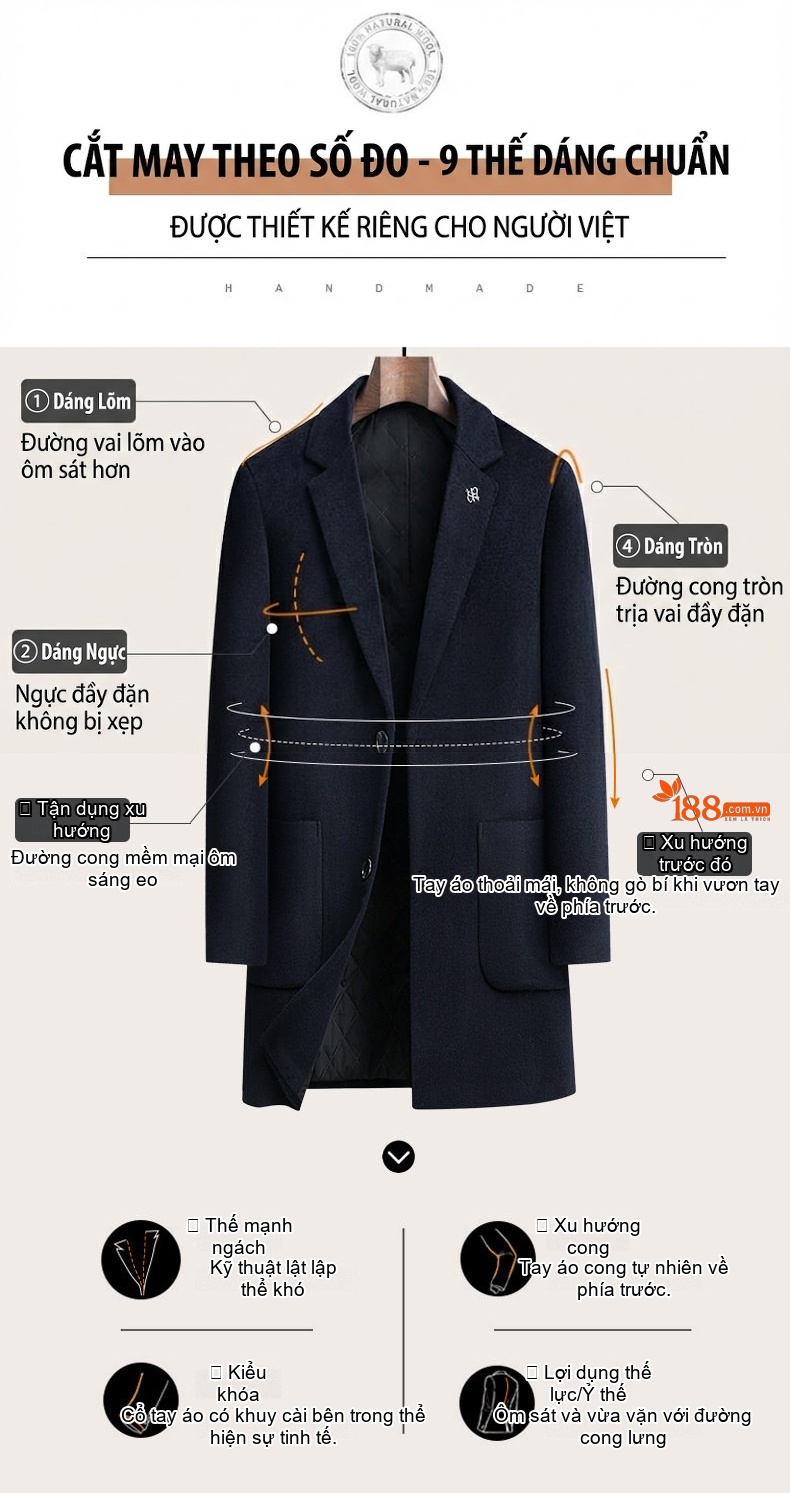 Áo Khoác Dạ Nam 100% Lông Cừu Dáng Ôm Vừa Vặn Dài Vừa Màu Nâu, Đen, Xanh Navy chi tiết 5