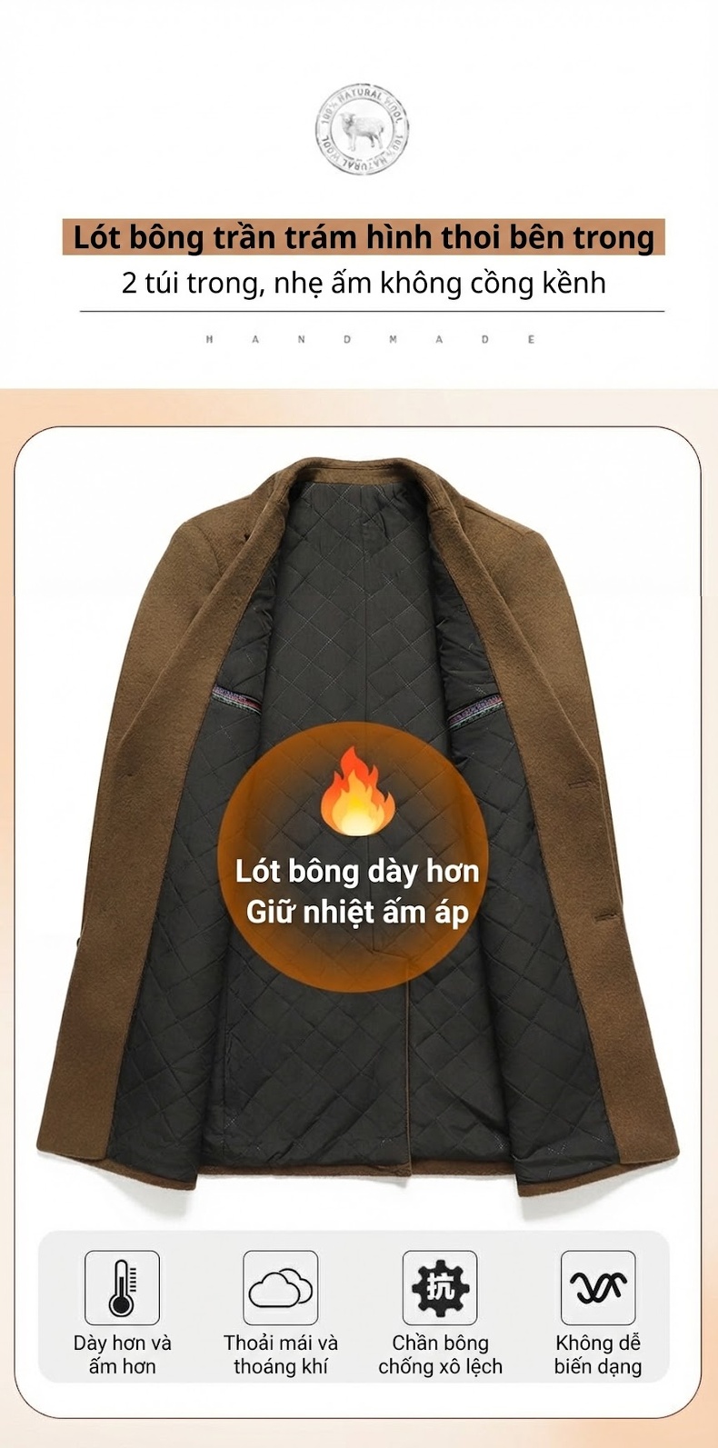 Áo Khoác Dạ Nam 100% Lông Cừu Dáng Ôm Vừa Vặn Dài Vừa Màu Nâu, Đen, Xanh Navy chi tiết 6