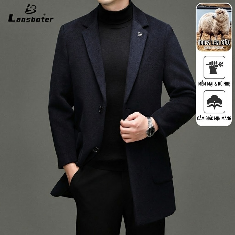 Áo Khoác Dạ Nam 100% Lông Cừu Dáng Ôm Vừa Vặn Màu Đen, Nâu, Xanh Navy