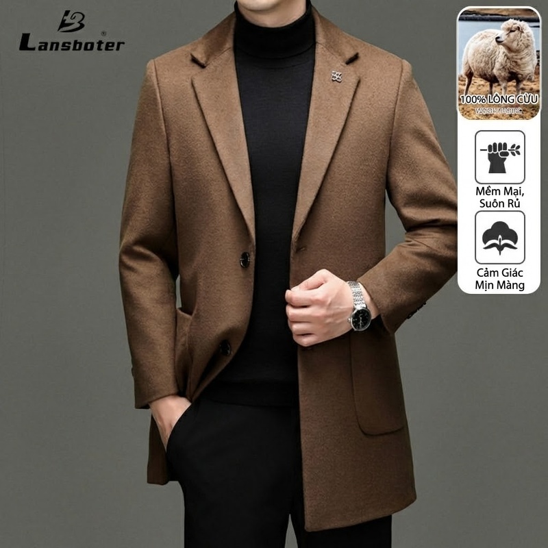 Áo Khoác Dạ Nam 100% Lông Cừu Dáng Ôm Vừa Vặn Màu Đen, Nâu, Xanh Navy