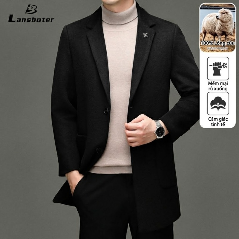 Áo Khoác Dạ Nam 100% Lông Cừu Dáng Ôm Vừa Vặn Màu Đen, Nâu, Xanh Navy