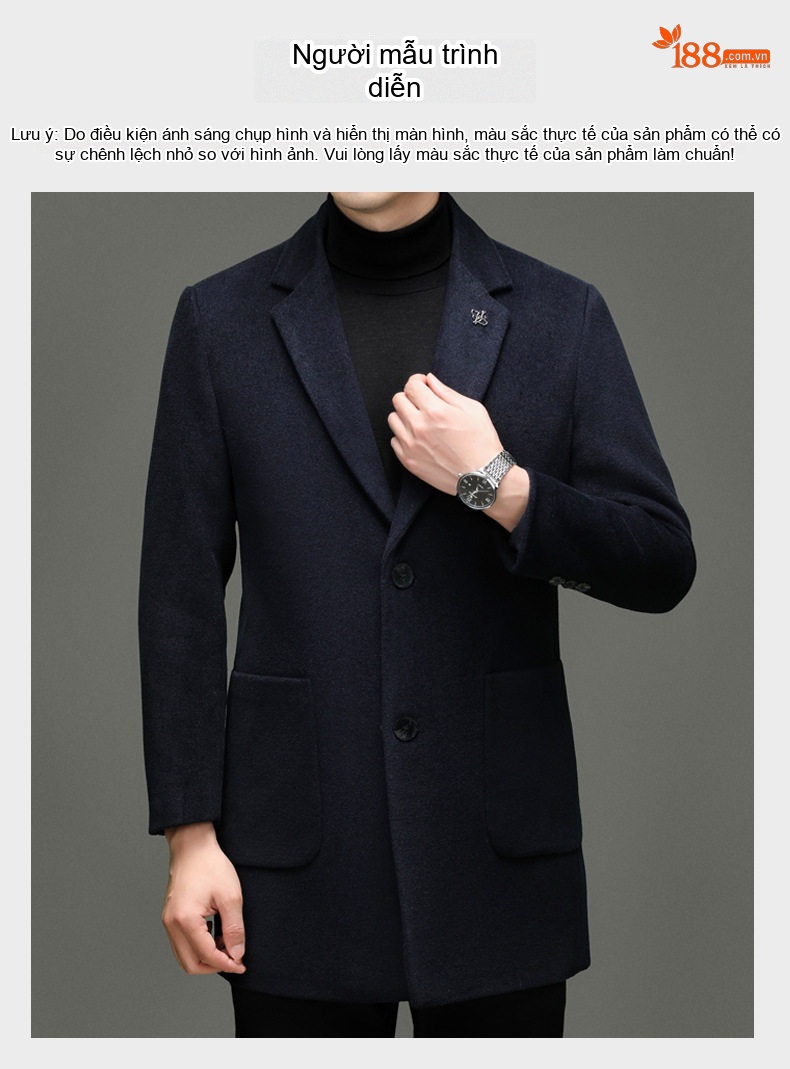 Áo Khoác Dạ Nam 100% Lông Cừu Dáng Ôm Vừa Vặn Màu Đen, Nâu, Xanh Navy chi tiết 5