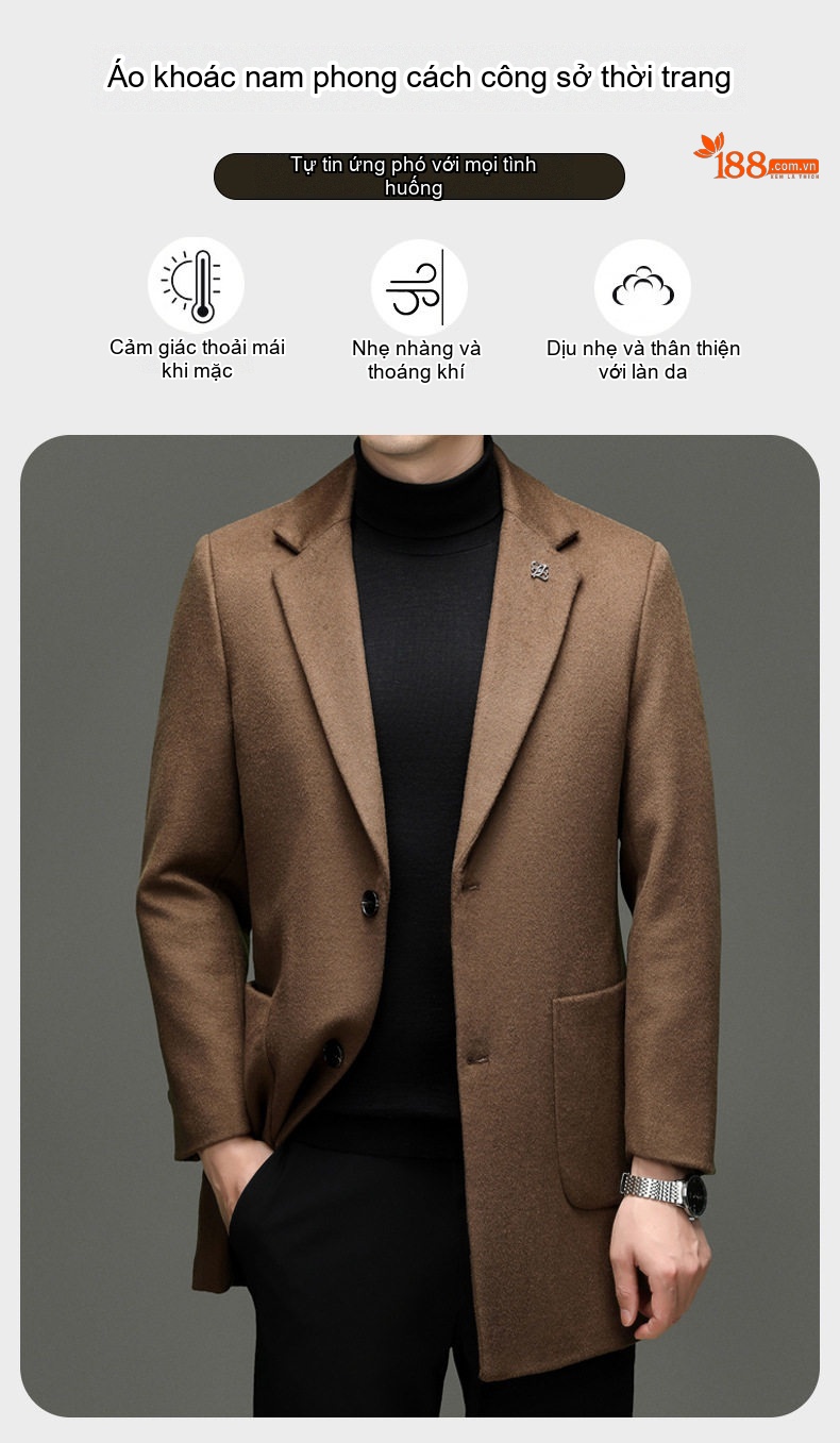 Áo Khoác Dạ Nam 100% Lông Cừu Dáng Ôm Vừa Vặn Màu Đen, Nâu, Xanh Navy chi tiết 1