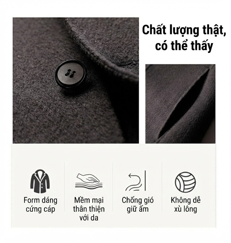 Áo Khoác Dạ Nam 100% Lông Cừu Dáng Vừa Màu Xám, Đen, Kem chi tiết 9