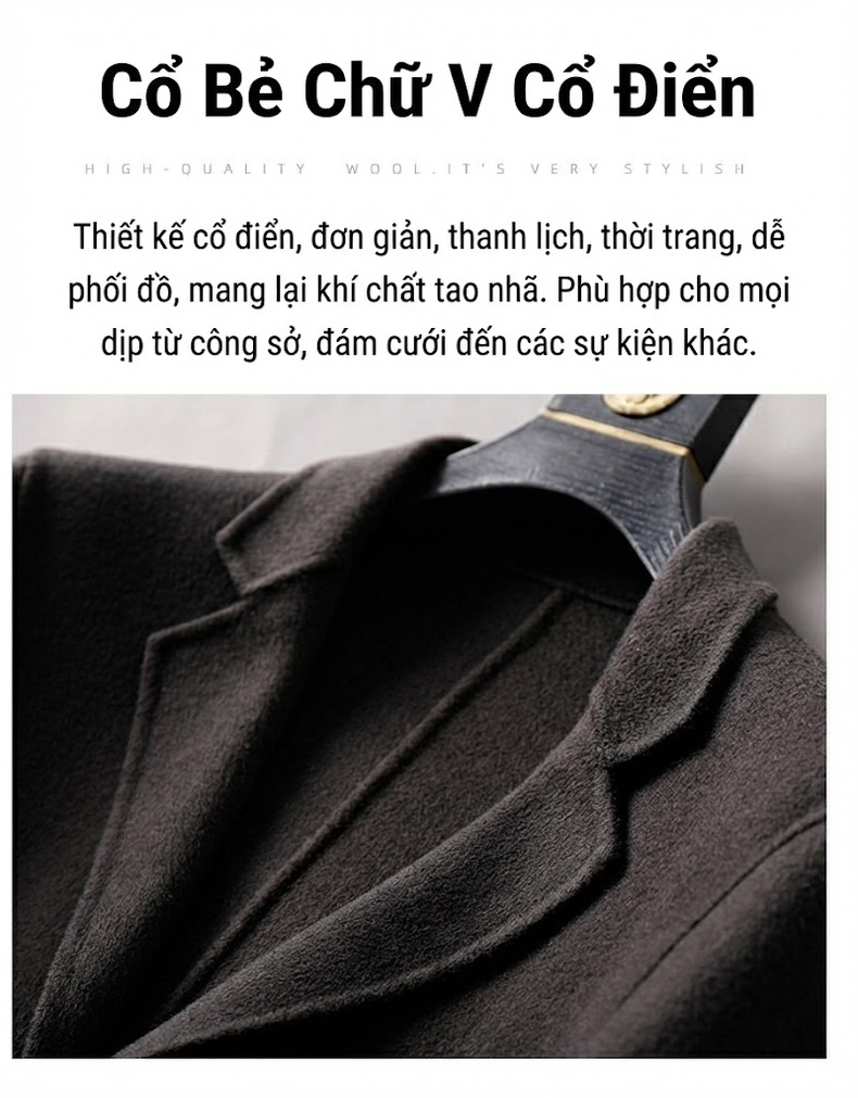 Áo Khoác Dạ Nam 100% Lông Cừu Dáng Vừa Màu Xám, Đen, Kem chi tiết 10