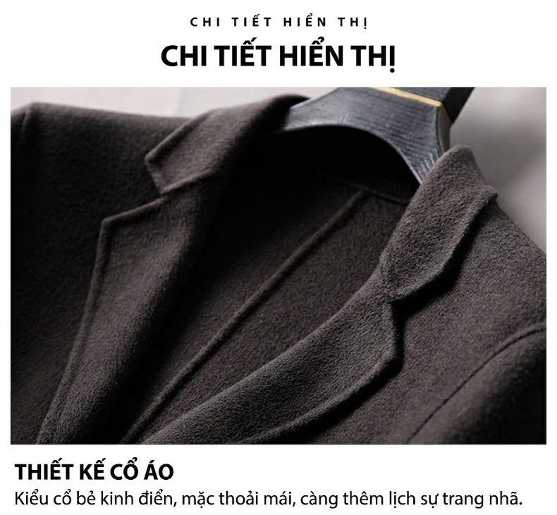 Áo Khoác Dạ Nam 100% Lông Cừu Dáng Vừa Màu Xám, Đen, Kem chi tiết 17