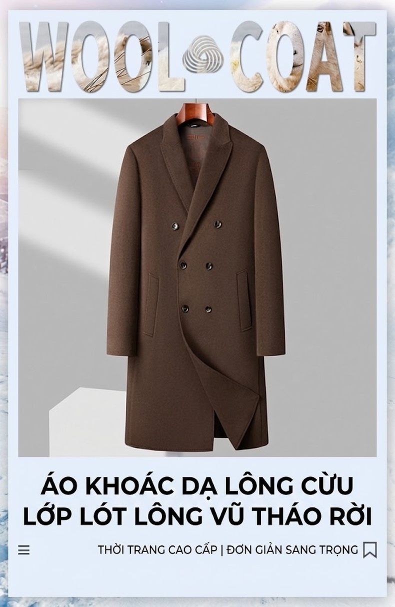 Áo Khoác Dạ Nam 100% Lông Cừu Hai Mặt Cúc Đôi Lót Lông Vũ Tháo Rời Màu Đen, Nâu chi tiết 1