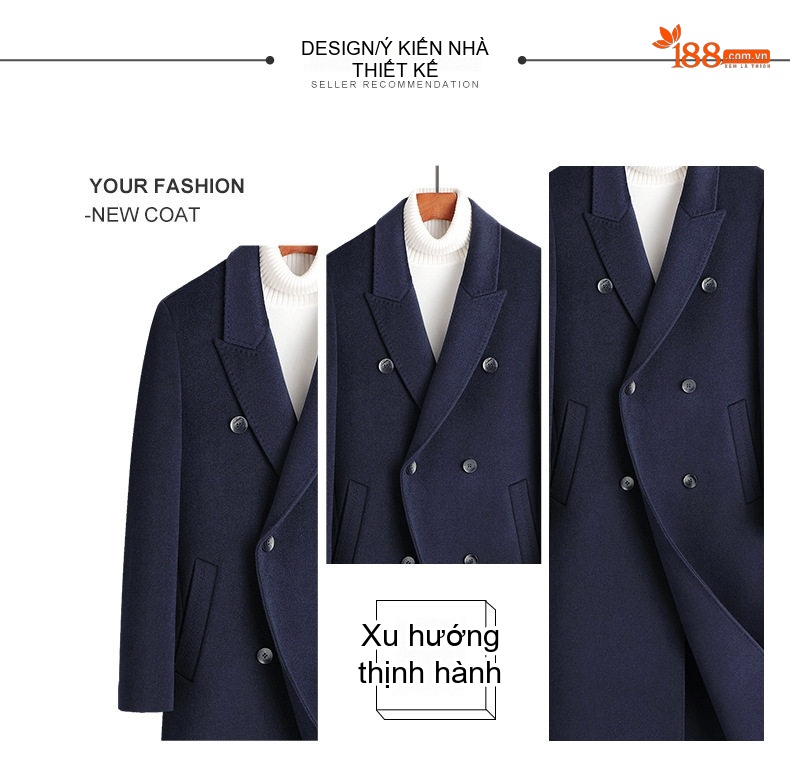 Áo Khoác Dạ Nam 100% Lông Cừu Hai Mặt Dáng Dài Qua Gối Cúc Đôi Phong Cách Lịch Lãm Màu Đen, Xanh Navy, Nâu chi tiết 2