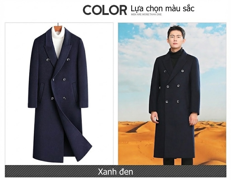 Áo Khoác Dạ Nam 100% Lông Cừu Hai Mặt Dáng Dài Qua Gối Cúc Đôi Phong Cách Lịch Lãm Màu Đen, Xanh Navy, Nâu chi tiết 5