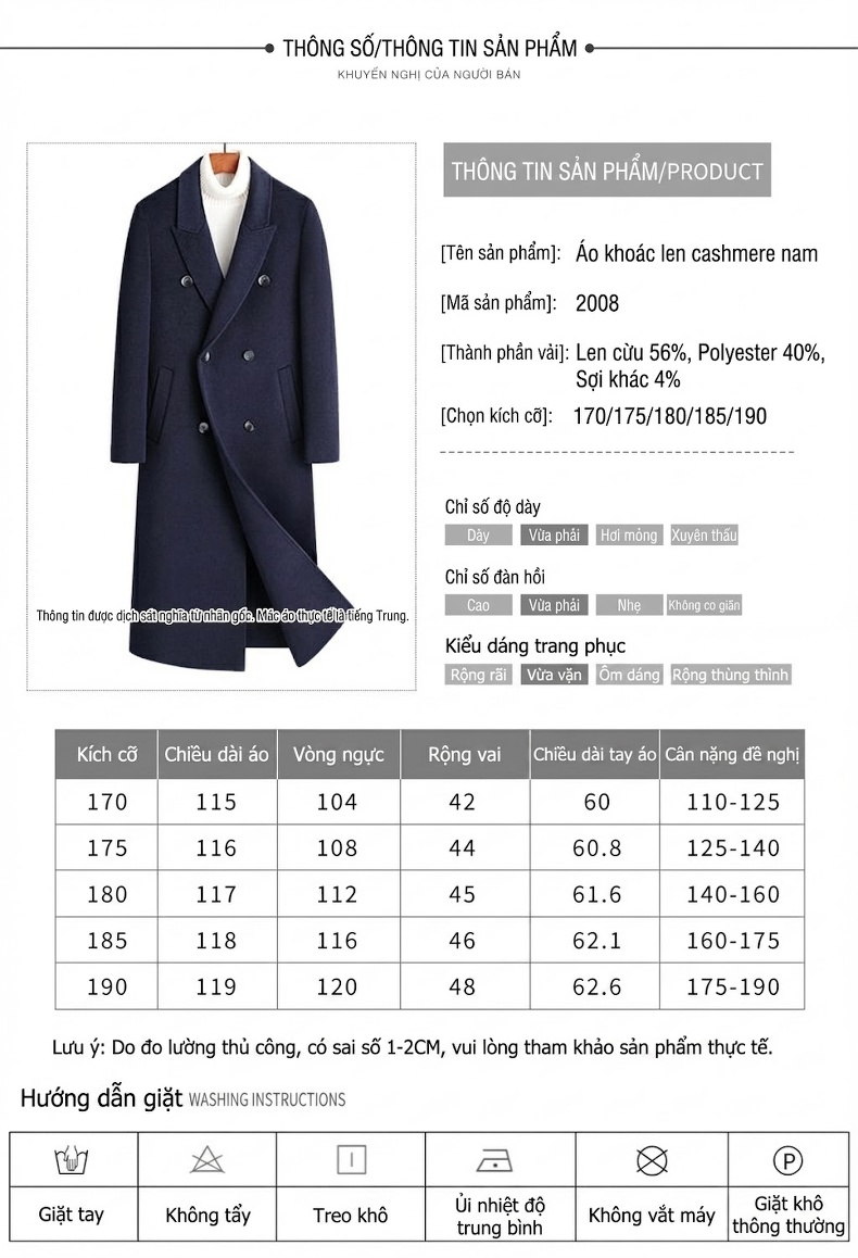 Áo Khoác Dạ Nam 100% Lông Cừu Hai Mặt Dáng Dài Qua Gối Cúc Đôi Phong Cách Lịch Lãm Màu Đen, Xanh Navy, Nâu chi tiết 4