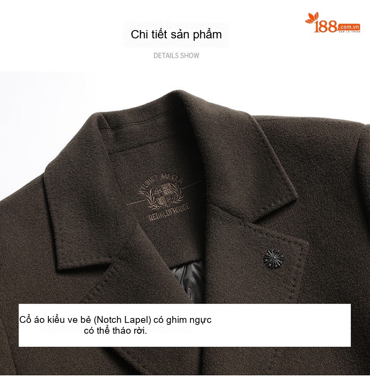 Áo Khoác Dạ Nam 100% Lông Cừu Lót Lông Vũ Tháo Rời Dáng Dài Màu Đen, Nâu chi tiết 18