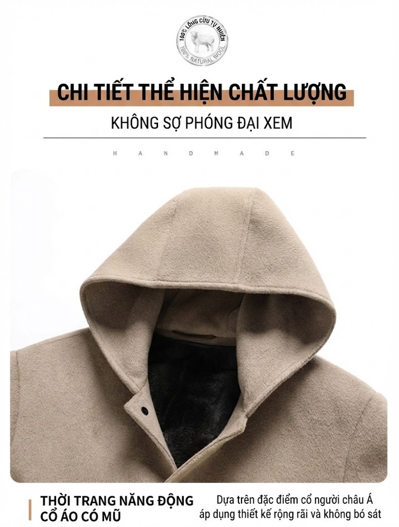 Áo Khoác Dạ Nam 100% Lông Cừu Mũ Trùm Đầu Dáng Dài Lót Nhung Màu Be, Đen chi tiết 11