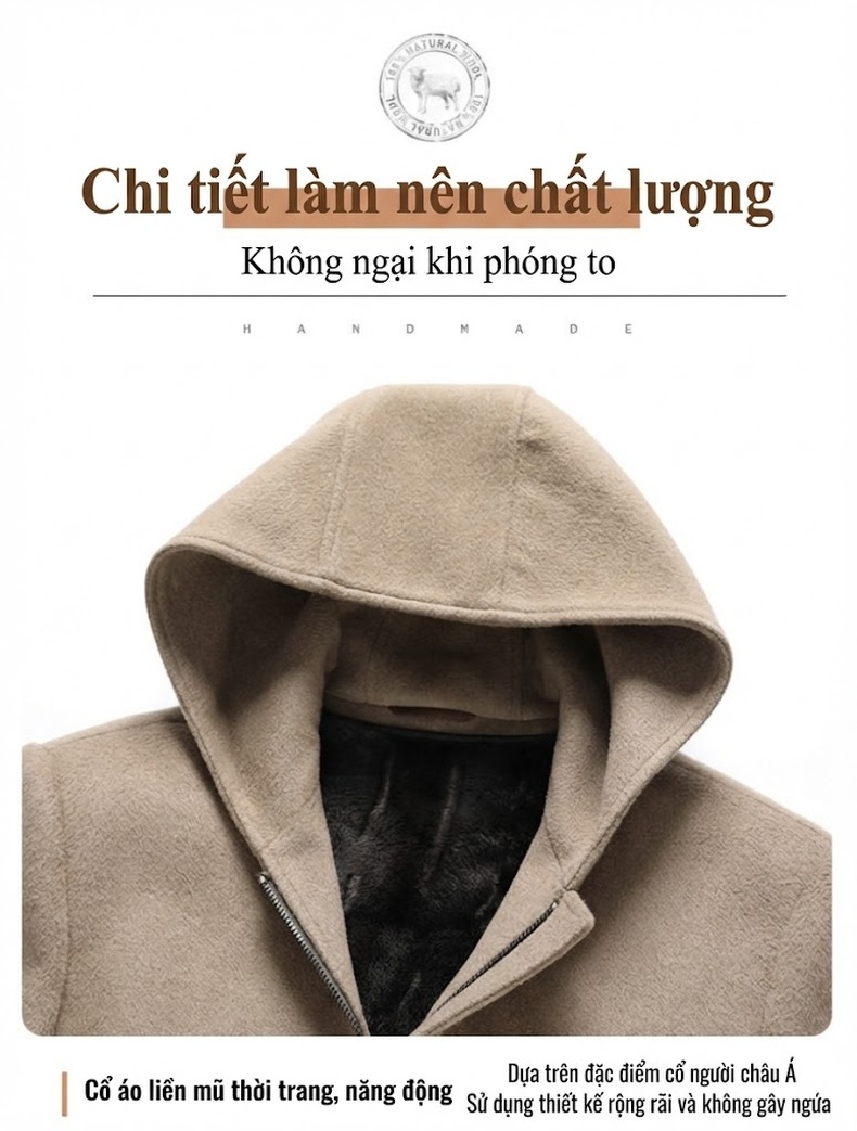 Áo Khoác Dạ Nam 100% Lông Cừu Mũ Trùm Đầu Dáng Dài Lót Nhung Màu Be, Đen chi tiết 11