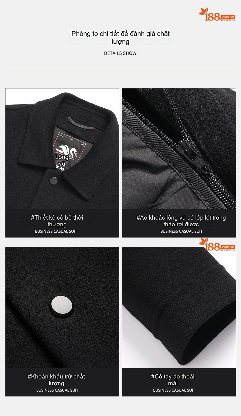Áo Khoác Dạ Nam 100% Lông Cừu Ngắn Tay Dáng Vest Có Lớp Lót Lông Vũ Tháo Rời Màu Đen, Xám, Nâu chi tiết 5