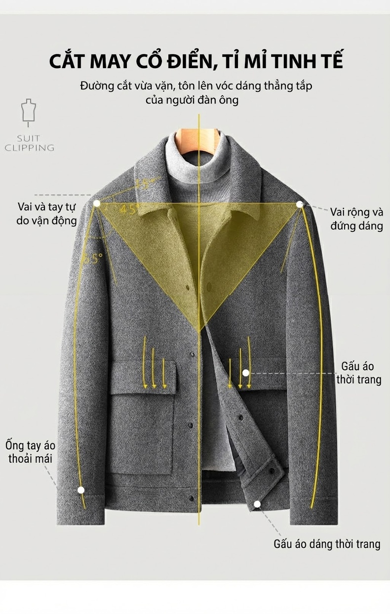 Áo Khoác Dạ Nam 100% Lông Cừu Ngắn Tay Dáng Vest Có Lớp Lót Lông Vũ Tháo Rời Màu Đen, Xám, Nâu chi tiết 6