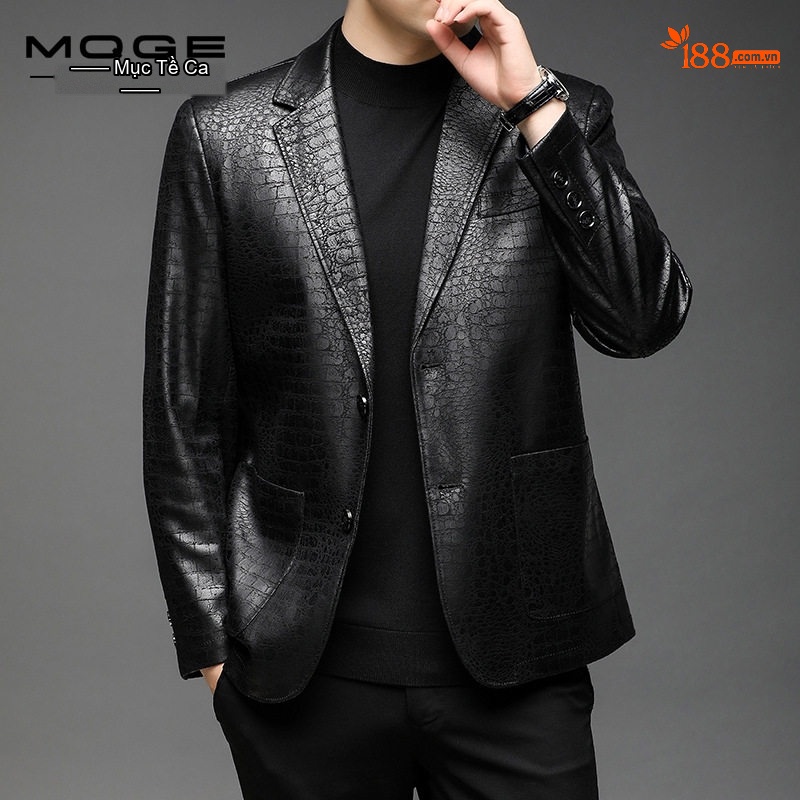 Áo Khoác Da Nam Bề Mặt Da Bóng Kiểu Vest Hai Nút Phong Cách Business Casual Màu Đen