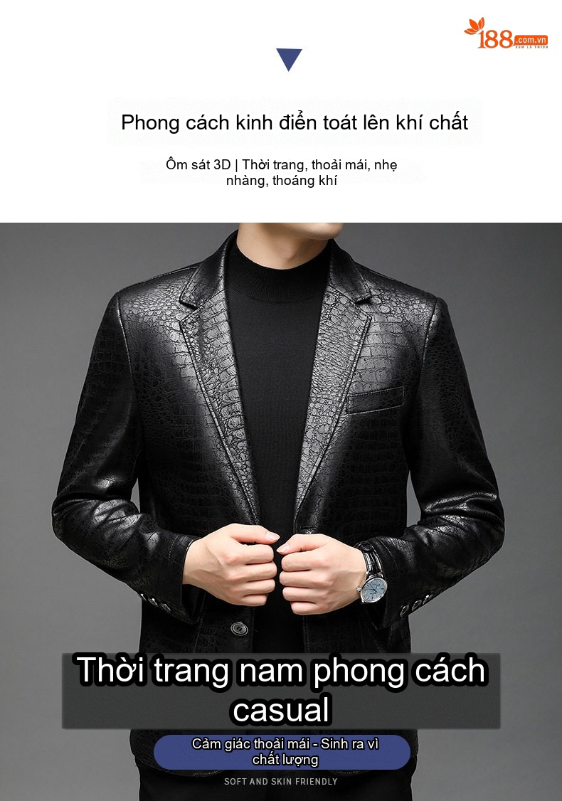 Áo Khoác Da Nam Bề Mặt Da Bóng Kiểu Vest Hai Nút Phong Cách Business Casual Màu Đen chi tiết 1