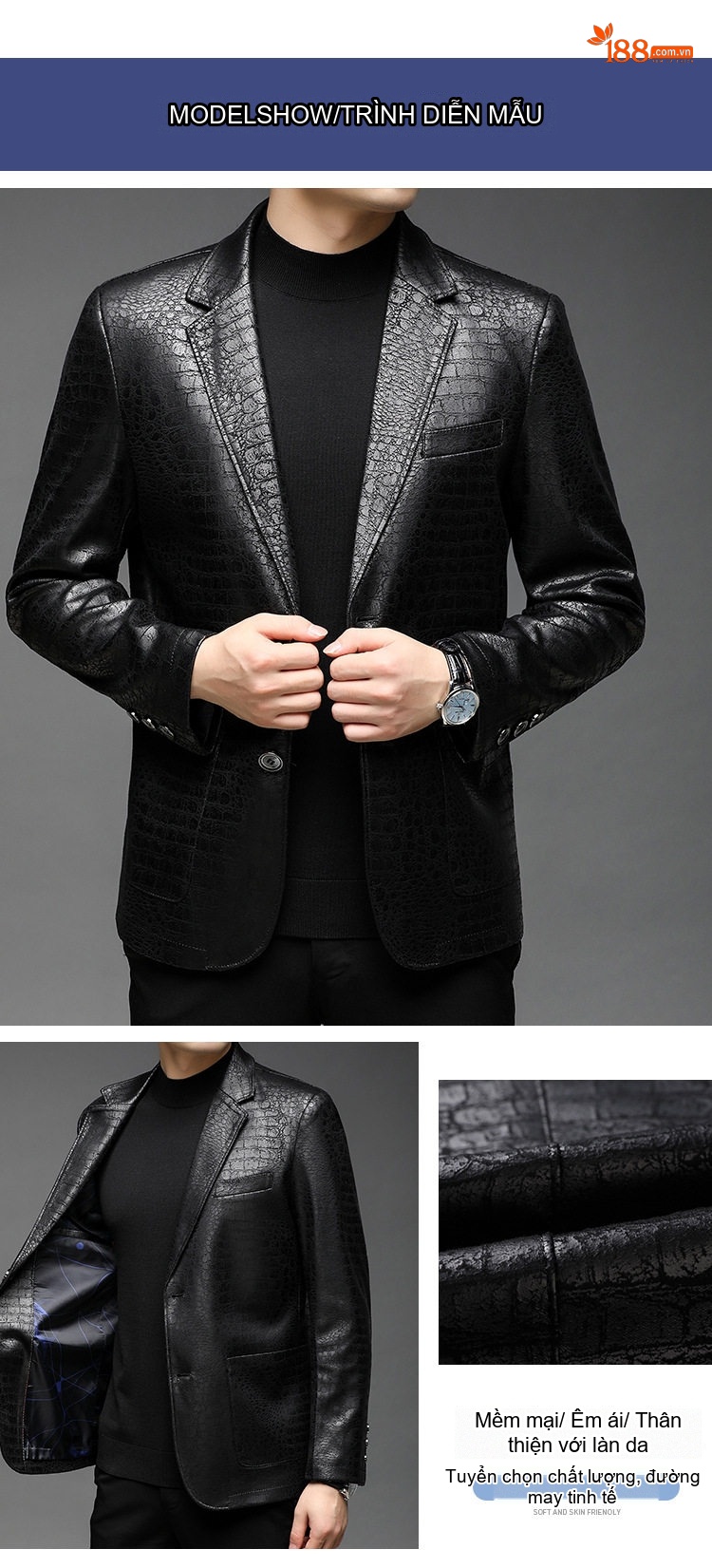 Áo Khoác Da Nam Bề Mặt Da Bóng Kiểu Vest Hai Nút Phong Cách Business Casual Màu Đen chi tiết 3