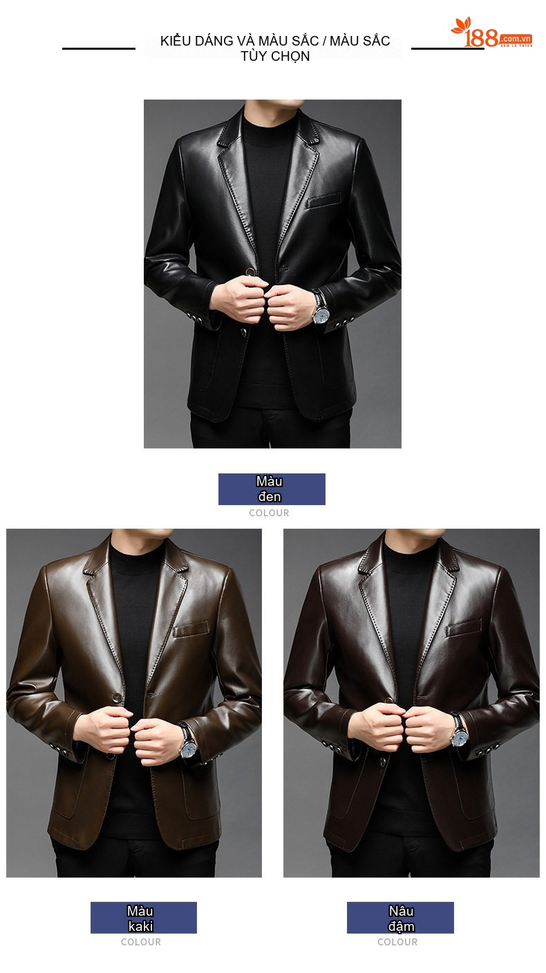 Áo Khoác Da Nam Bề Mặt Da Mềm Dáng Vest Hai Nút Phong Cách Casual Màu Nâu, Đen chi tiết 3