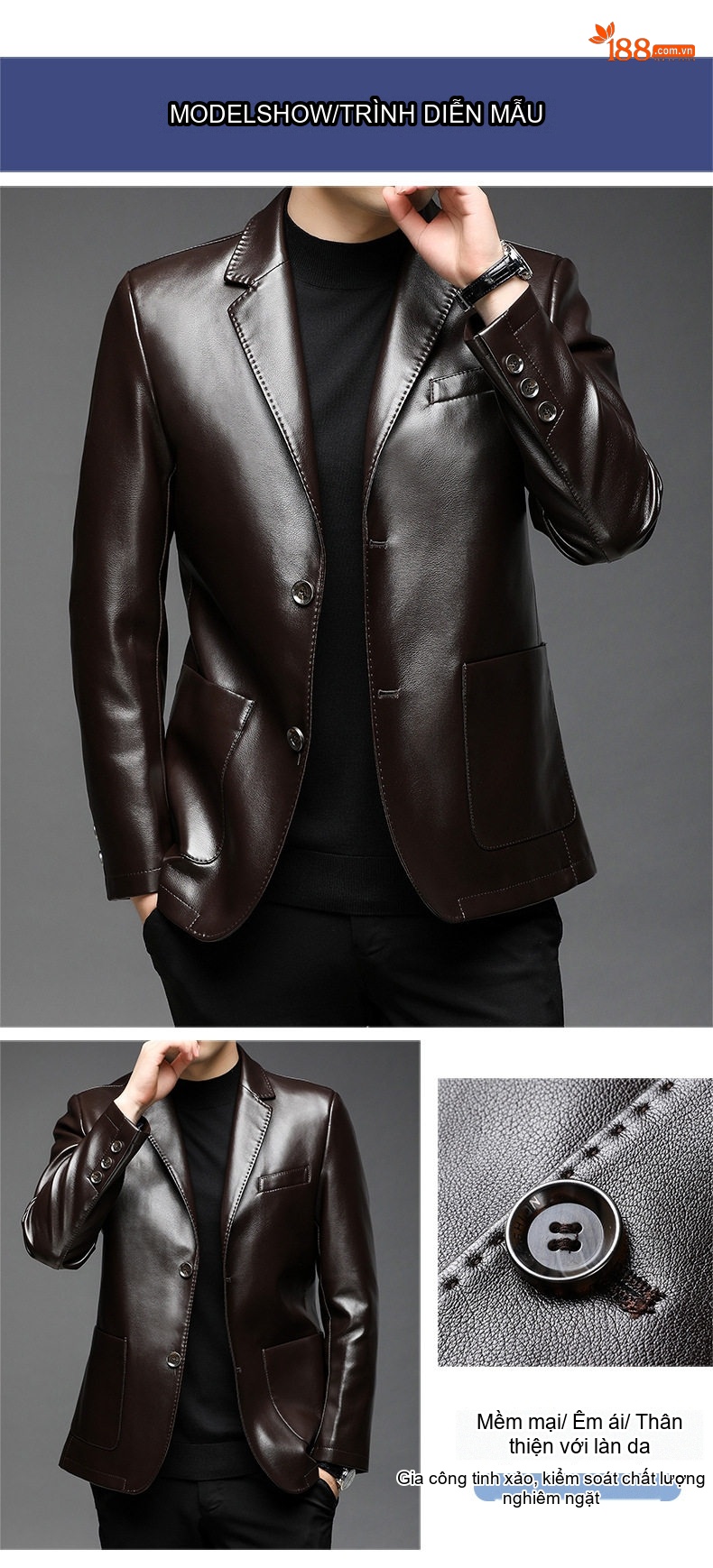Áo Khoác Da Nam Bề Mặt Da Mềm Dáng Vest Hai Nút Phong Cách Casual Màu Nâu, Đen chi tiết 5