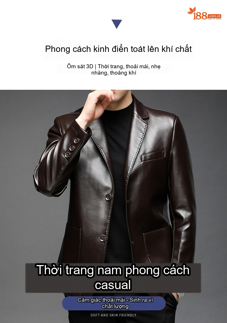 Áo Khoác Da Nam Bề Mặt Da Mềm Dáng Vest Hai Nút Phong Cách Casual Màu Nâu, Đen chi tiết 1