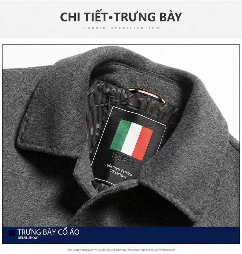 Áo Khoác Dạ Nam Cao Cấp Lông Cừu Thời Trang Kiểu Dáng Casual Màu Đen, Xám chi tiết 9