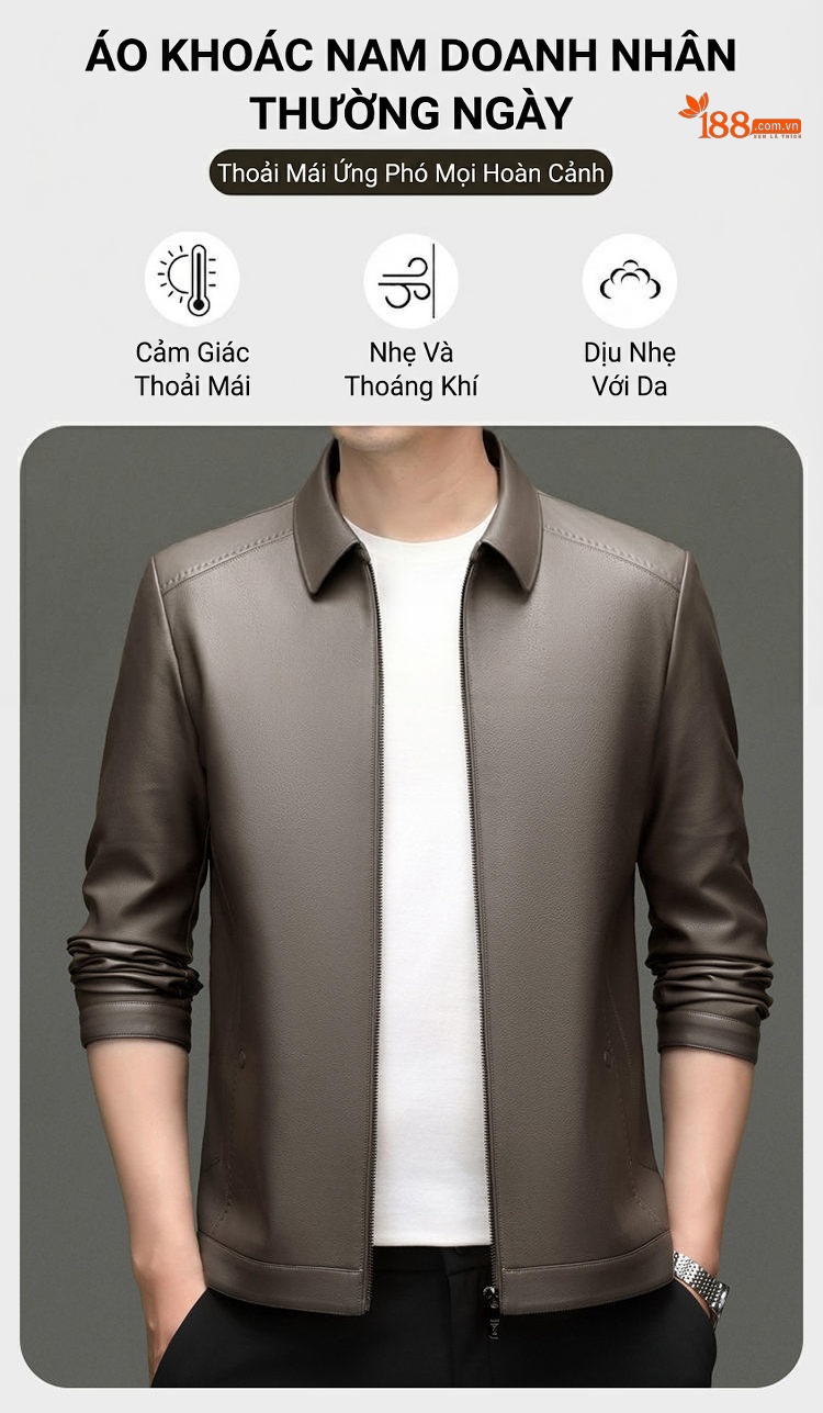Áo Khoác Da Nam Cổ Bẻ Dáng Ôm Khóa Kéo Da Bóng Màu Đen, Nâu, Xám chi tiết 1