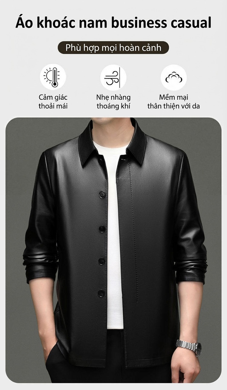 Áo Khoác Da Nam Cổ Bẻ Dáng Ôm Vừa Màu Đen, Nâu chi tiết 1