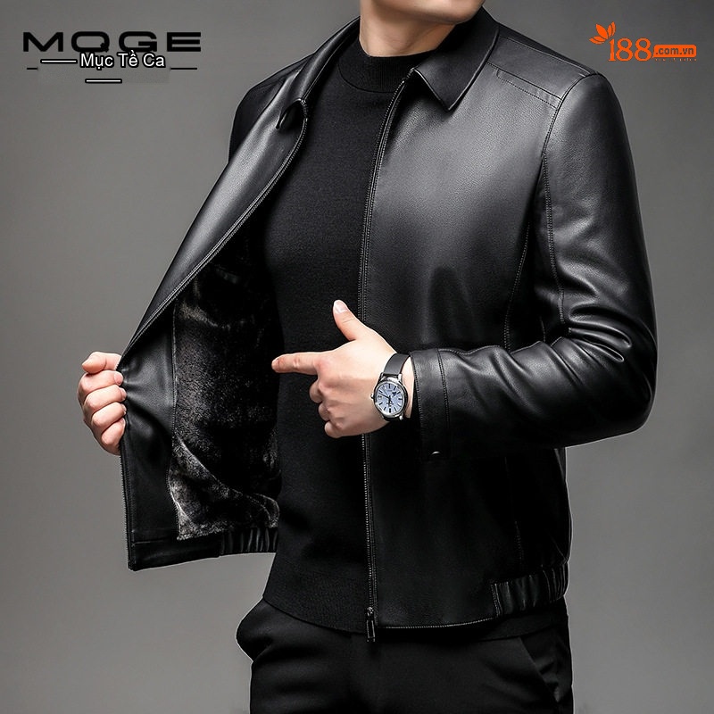 Áo Khoác Da Nam Cổ Bẻ Lót Lông Giữ Ấm Phong Cách Doanh Nhân Màu Đen