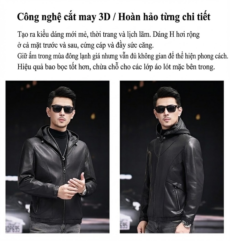 Áo Khoác Da Nam Có Mũ Trùm Đầu Dáng Ôm Ngắn Phong Cách Hàn Quốc Màu Đen chi tiết 3