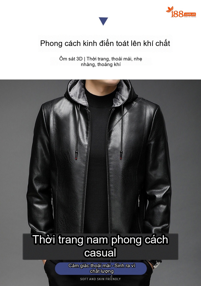 Áo Khoác Da Nam Có Mũ Trùm Đầu Lót Lông Dày Dặn Phong Cách Thời Trang Màu Đen chi tiết 1