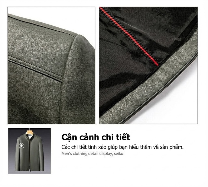 Áo Khoác Da Nam Cổ Trụ Dáng Ôm Phong Cách Doanh Nhân Màu Đen, Xám, Nâu chi tiết 17