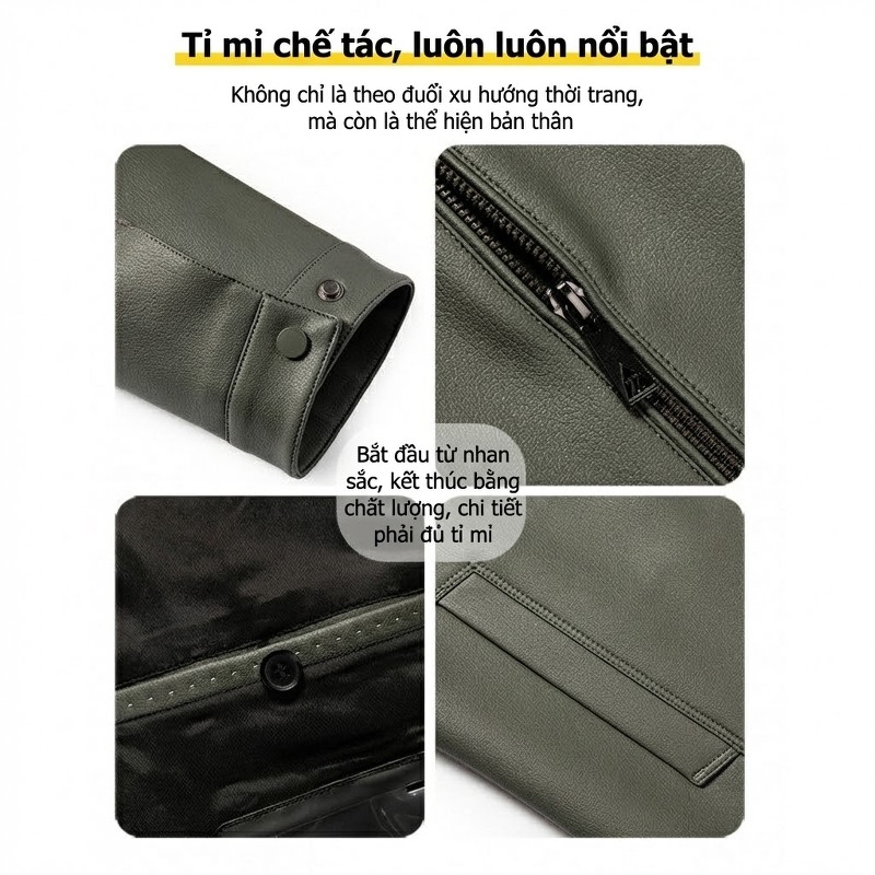 Áo Khoác Da Nam Cổ Trụ Dáng Ôm Phong Cách Doanh Nhân Màu Đen, Xám, Nâu