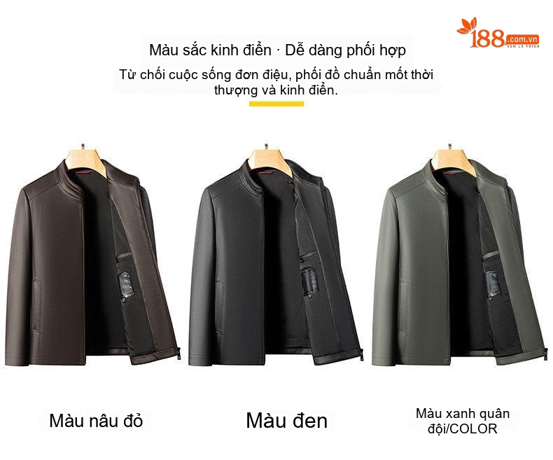Áo Khoác Da Nam Cổ Trụ Dáng Ôm Phong Cách Doanh Nhân Màu Đen, Xám, Nâu chi tiết 5