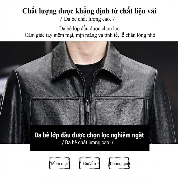 Áo Khoác Da Nam Da Bò Cổ Bẻ Ngắn Tay Dài Cao Cấp Màu Đen chi tiết 3