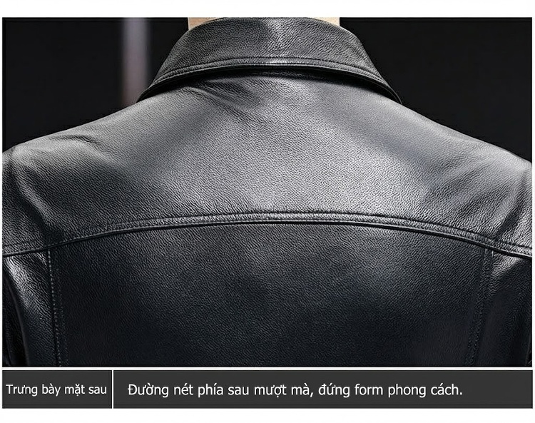 Áo Khoác Da Nam Da Bò Cổ Bẻ Ngắn Tay Dài Cao Cấp Màu Đen chi tiết 12