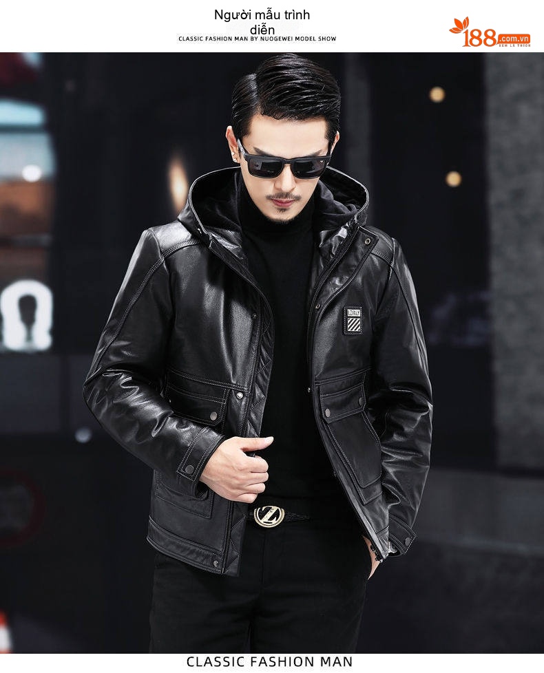 Áo Khoác Da Nam Da Bò Lớp Đầu Lót Lông Vũ Có Mũ Trùm Đầu Dáng Ôm Màu Đen chi tiết 6