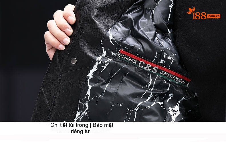 Áo Khoác Da Nam Da Bò Lớp Đầu Lót Lông Vũ Có Mũ Trùm Đầu Dáng Ôm Màu Đen chi tiết 14