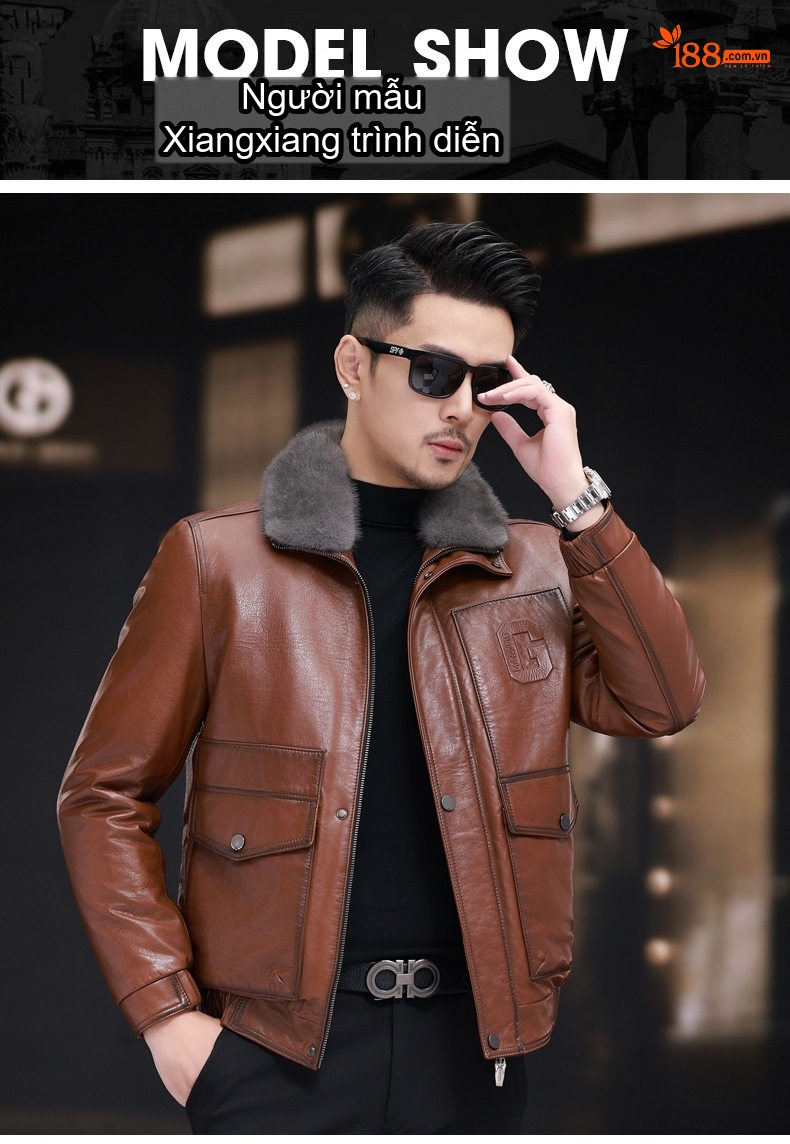 Áo Khoác Da Nam Da Bò Lót Lông Cổ Lông Chồn Thật Màu Nâu chi tiết 9
