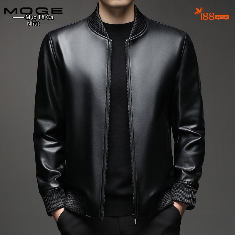 Áo Khoác Da Nam Da Bóng Cổ Trụ Bo Gân Phong Cách Motor Màu Đen, Nâu