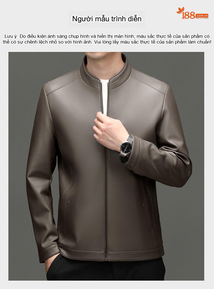 Áo Khoác Da Nam Da Bóng Kiểu Bomber Cổ Trụ Khóa Kéo Màu Đen, Nâu, Xám chi tiết 5